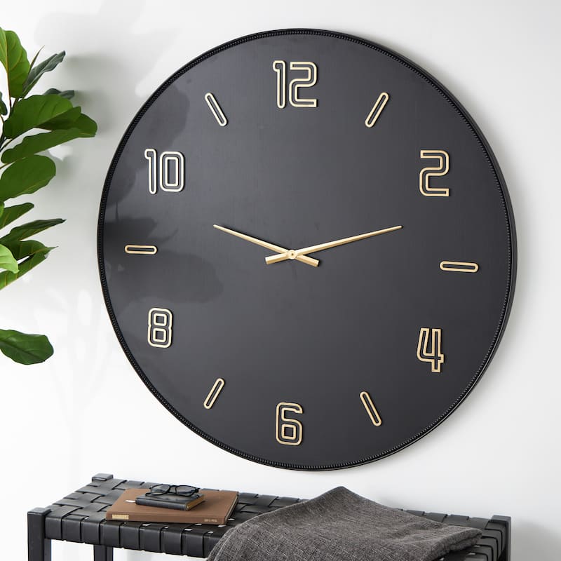 Wood Large Decorative Wall Clock with Gold Hands and Numbers - Black - Roche River Decor - 2"W x 47"L x 47"H