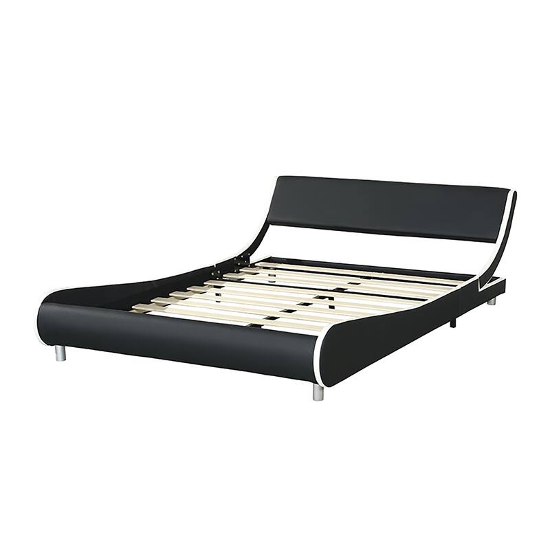 Queen Faux Leather Bed Frame with RGB LED Lighting, Remote/App Control, Wood Slat Support, Curved Design, No Box Spring Need