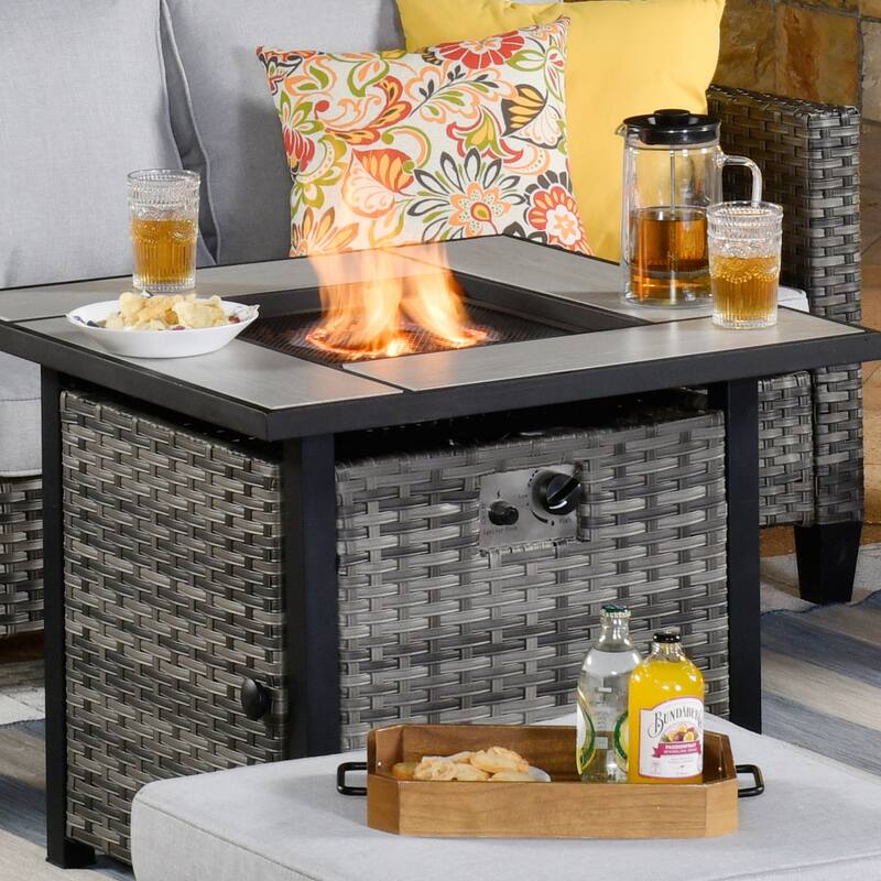OVIOS 6-piece Patio Outdoor Wicker Conversation Set With 30" Fire Pit