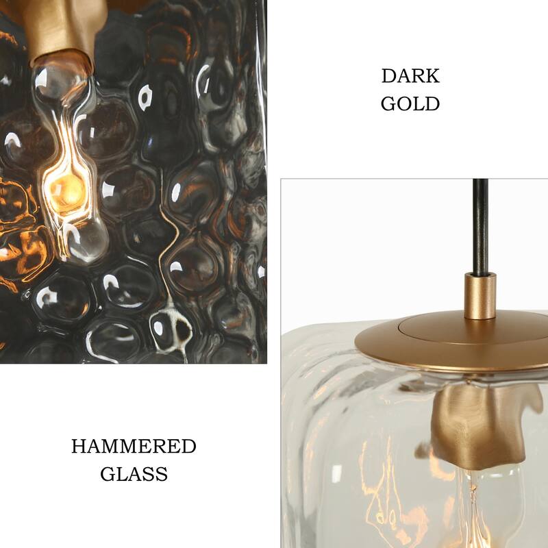 Modern 1-Light Black Gold Pendant Light Fixture Textured Glass Rectangular Shade Kitchen Island Light for Dining Room