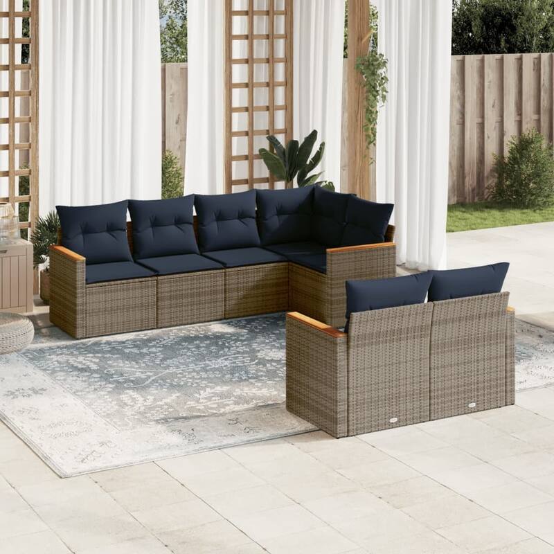 vidaXL 7 Piece Patio Sofa Set with Cushions Grey Poly Rattan - 24.4x 24.4x 27.2