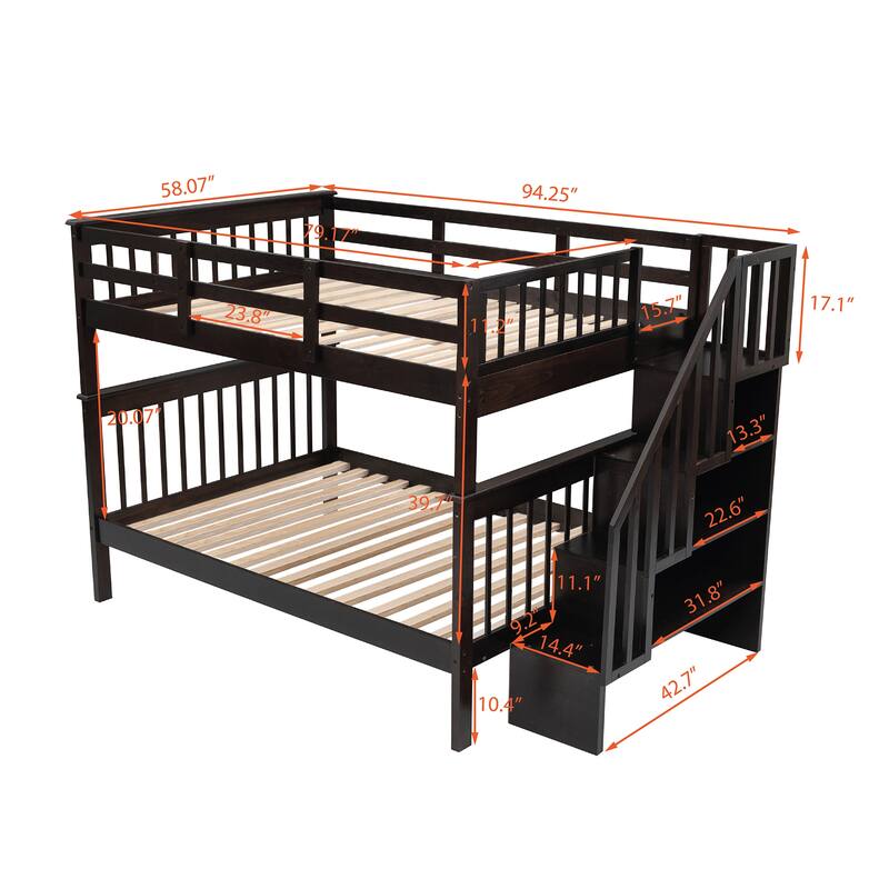 Stairway Bunk Bed, Can Be Divided into Two Individual Bedframe, Solid Wood Bedfram with Storage Stairs & Guard Rail for Bedroom