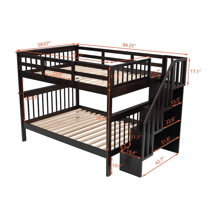 Stairway FullOverFull Bunk Bed with Storage and Guard Rail for