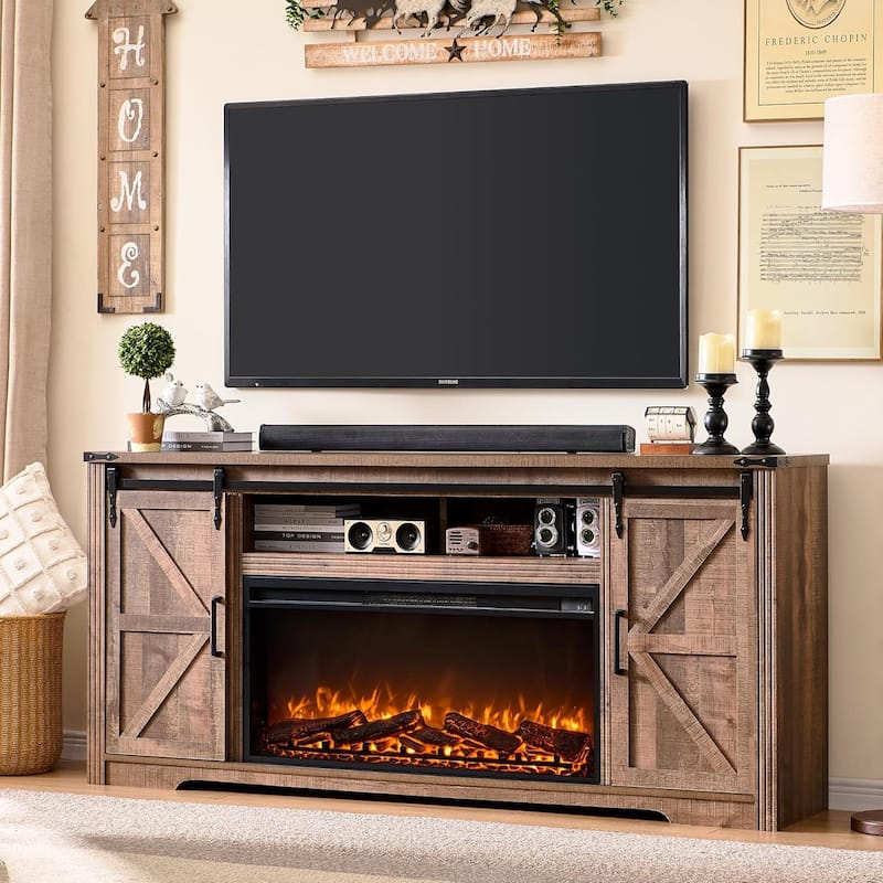 Farmhouse Fireplace TV Stand For 80 Inch TVs, Entertainment Center - Light Brown