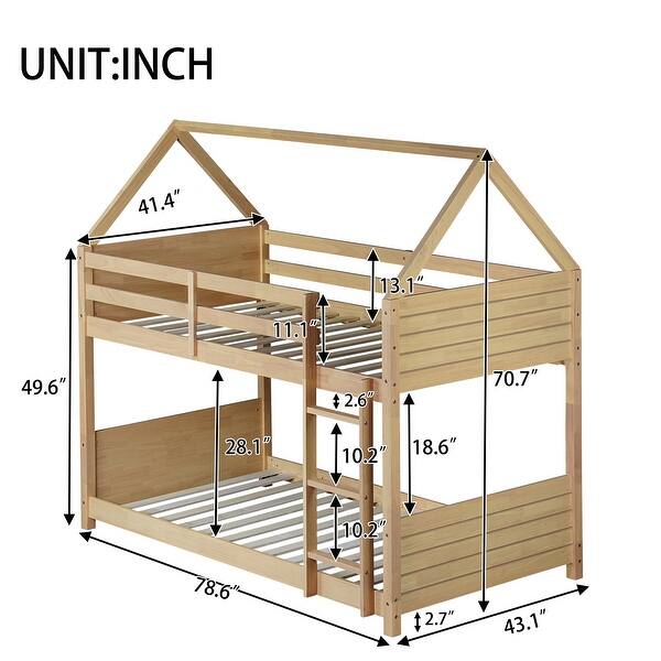 dimension image slide 2 of 3, Twin over Twin Floor Bunk Bed,Rubber Wood House Shaped Bunk Bedframe