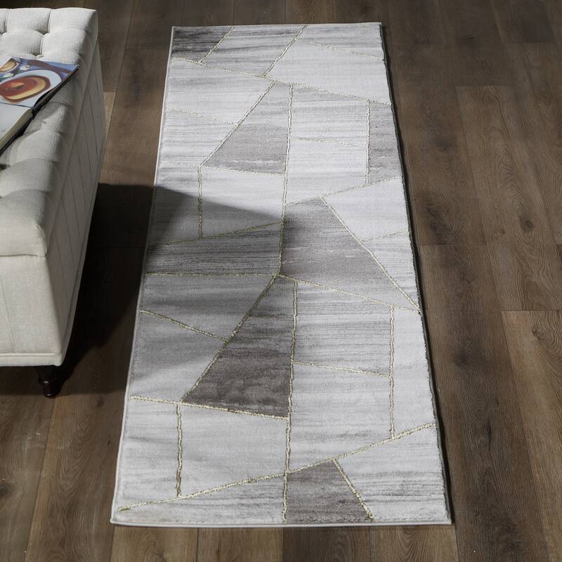 Brooklyn Collection Abstract Geometric Grey/Gold Area Rug - 2'2'' X 7'8''