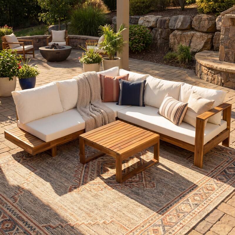 4-Piece Acacia Wood Outdoor Sectional Patio Sofa Set with Cushions and Coffee Table, Natural Slatted Design