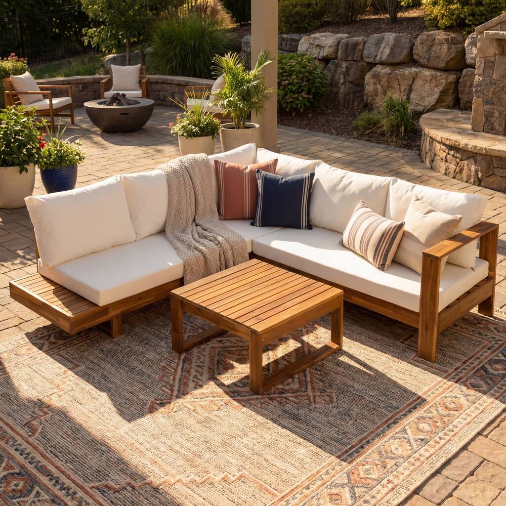 4-Piece Acacia Wood Outdoor Sectional Patio Sofa Set with Cushions and Coffee Table, Natural Slatted Design