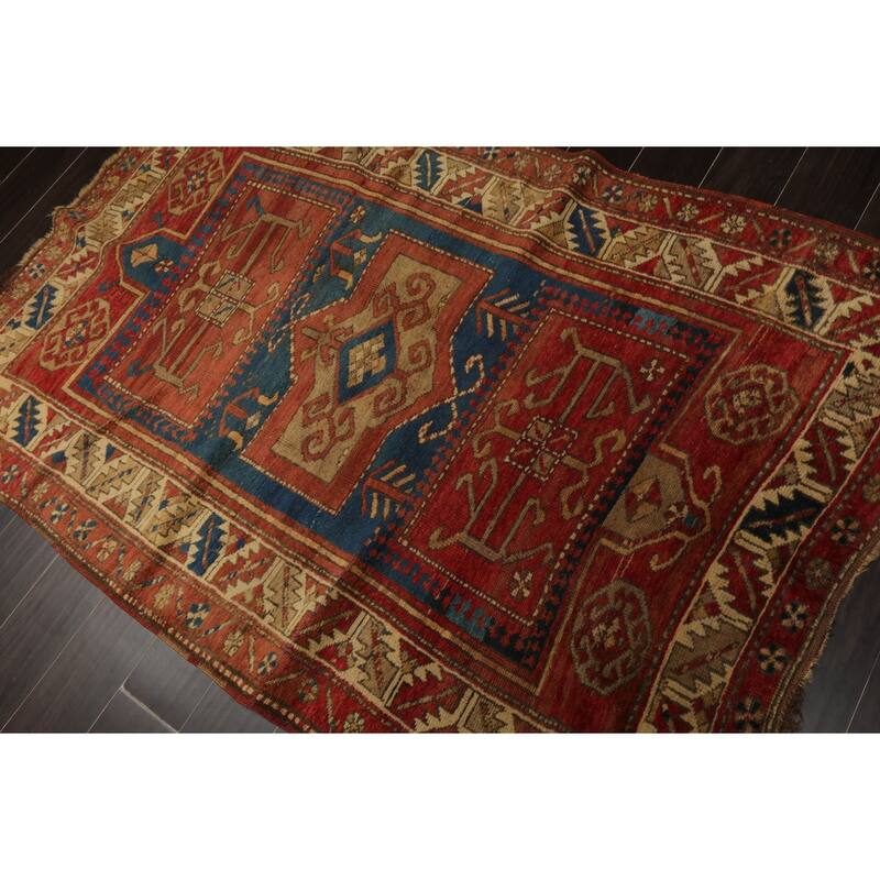 Antique Kazak Traditional Geometric 4'2''x6'2'' Hand Knotted Wool Rose Rug - 4' 2'' x 6' 2''