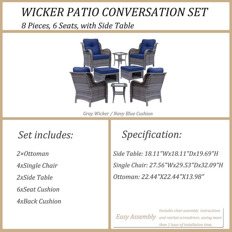 8 Piece Outdoor Wicker Patio Furniture Conversation Chair and Ottoman Set