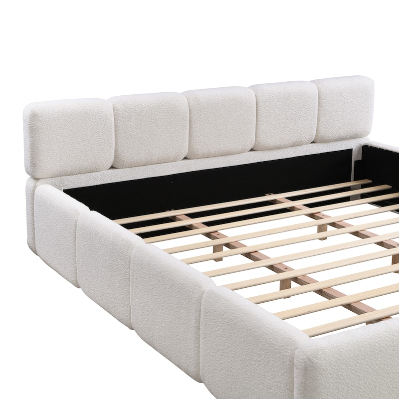 Boucle Upholstered Bed Low Profile Grounded Bed Block-shape Floor Bed Wingback Platform Bed with Thick Headboard and Footboard