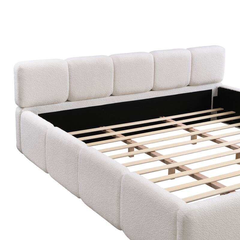 Embedded Platform Bed with Square Plush Upholstery Headboard White