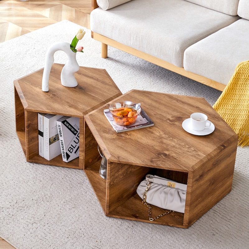 Roomfitters Set of 2 Hexagonal MDF Coffee Tables with Black Pattern Finish, Modern Storage Design for Living Room - Natural