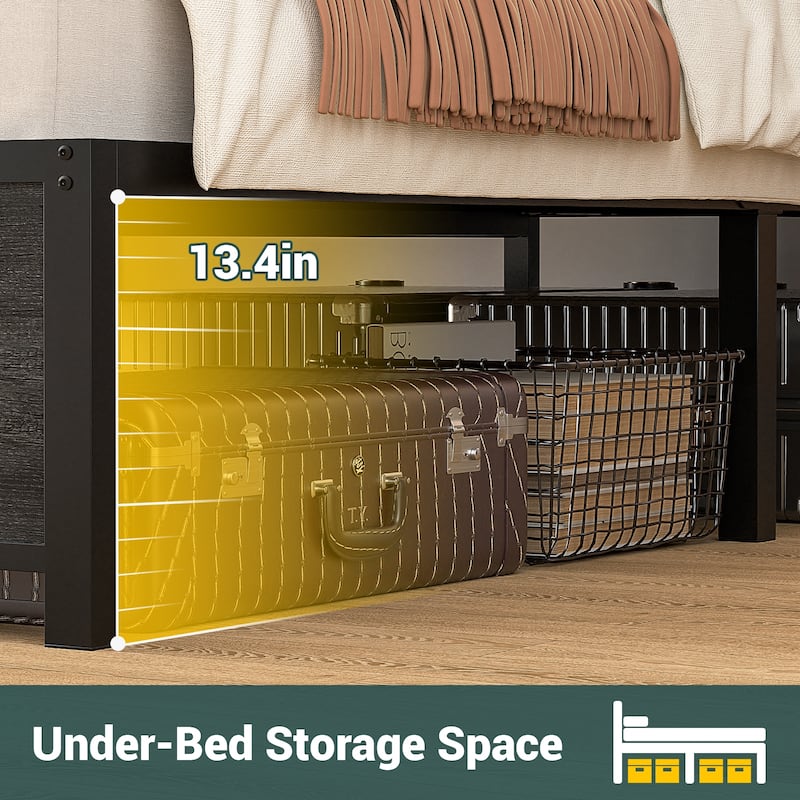 Farmhouse Bed Frame with Holey Board, Upholstered Headboard Platform Bed with Charging Station