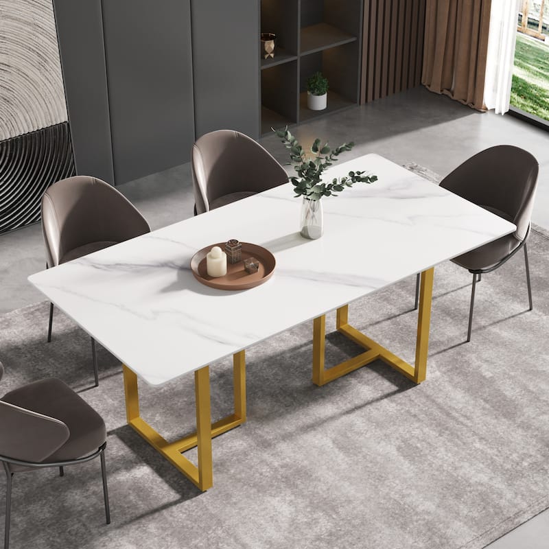 71" White Marble Dining Table for 6-8,Rectangular Tabletop and Triangular Carbon Steel Legs - White&Gold