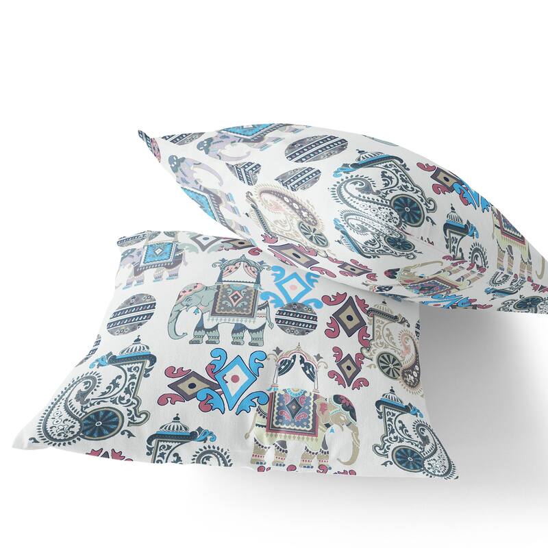 HomeRoots Set of Two 16" X 16" Beige and Blue Elephant Blown Seam Eclectic Indoor Outdoor Throw Pillow