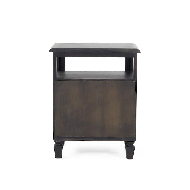 Roomfitters Modern Wood Nightstand with Open Shelf and Cabinet, Accent Side Table with Textured Door and Brass Handle, Dark Grey