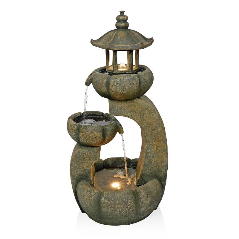 2 Layered Pavilion Polyresin Fountain with LED Lights