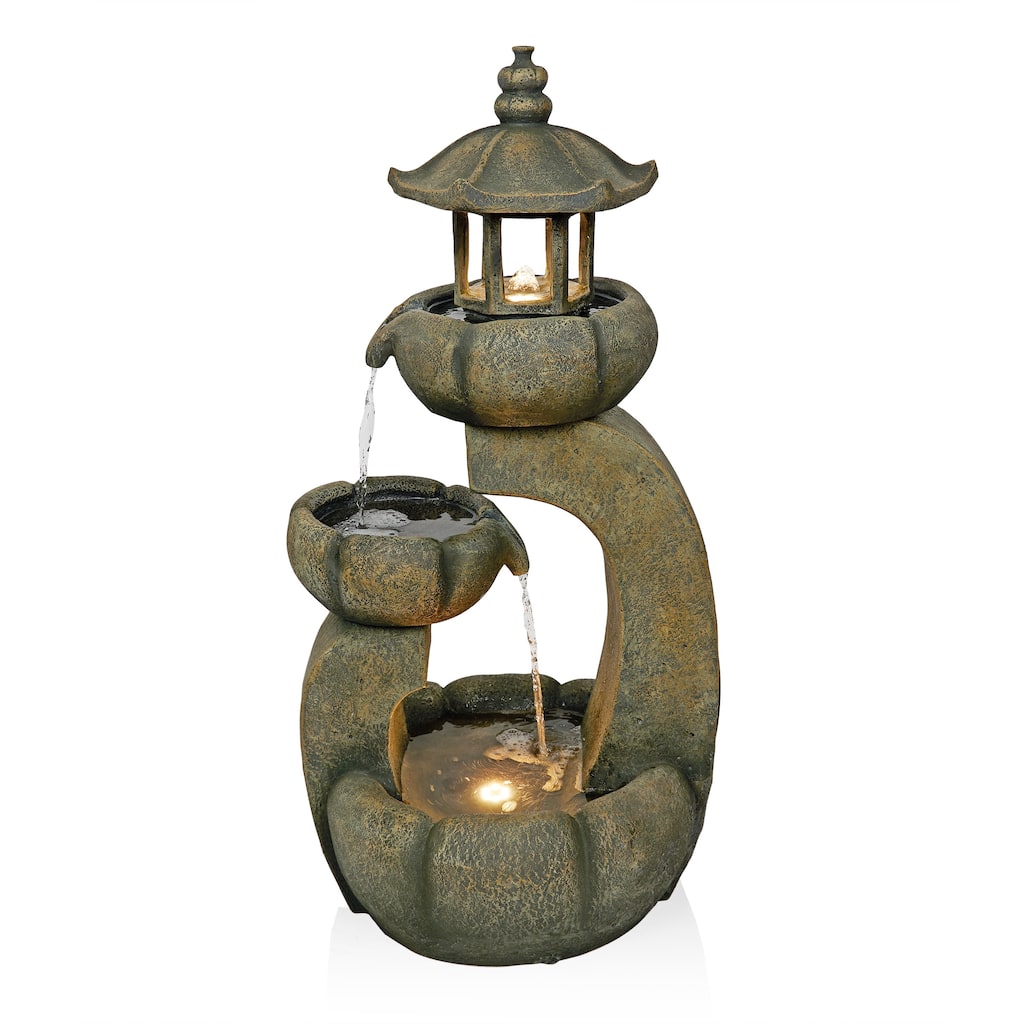 2 Layered Pavilion Polyresin Fountain with LED Lights