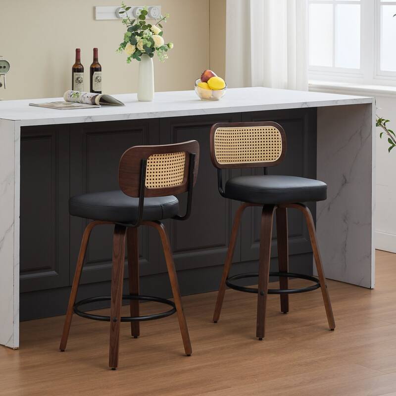 Set of 2 Counter Height Bar Stools - 26 inch Rattan Counter Height Stools,Upholstered Seat,Walnut Craftsmanship,Swivel Stools