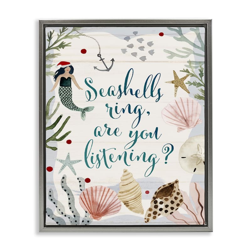 Stupell Seashells Ring, You Listening Phrase Nautical Beach Christmas Floater Frame - Off-White