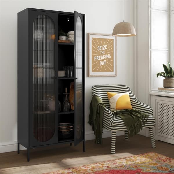 Mr. Kate Luna Tall 2 Door Accent Cabinet with Fluted Glass, Black - On ...