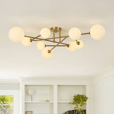 Mid-Century Modern 9-Light Sputnik Opal Glass Bubble Semi Flush Mount