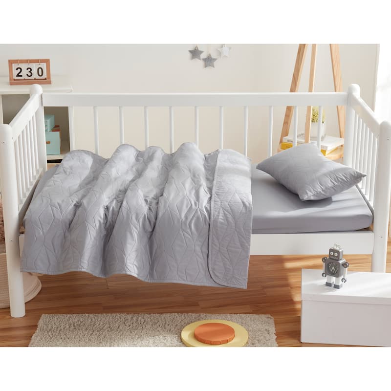 Clara Clark Ellipse Weave Toddler Bedding Set, 3PC Bedspread Set - All Season Quilted Comforter, Fitted Sheet, and Pillow Sham - Silver Gray