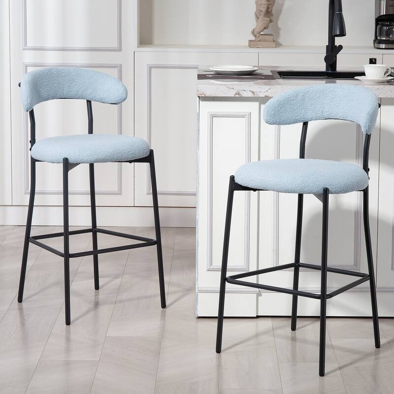 26'' Counter Height Bar Stools Teddy Fabric Cover Kitchen Island Counter Bar Stool with Black Powder Coating Base and Footrest - Blue
