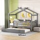 preview thumbnail 1 of 9, Twin Size Wooden House Bed Frame with Trundle for Kids Teens Adults, Wood Slat Support, No Box Spring Needed, Grey Grey - Twin