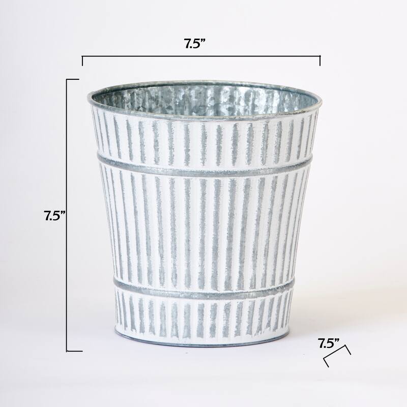 7.5" Galvanized Metal Rustic Planter Pail with White Distressed Paint, Set of 3