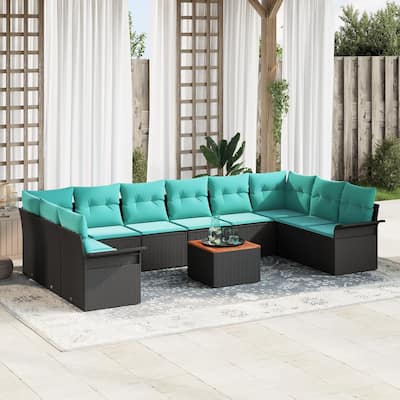 vidaXL 11 Garden Sofa Set with Cushions Black Poly Rattan - 135.4 x 73.8 x 27.2