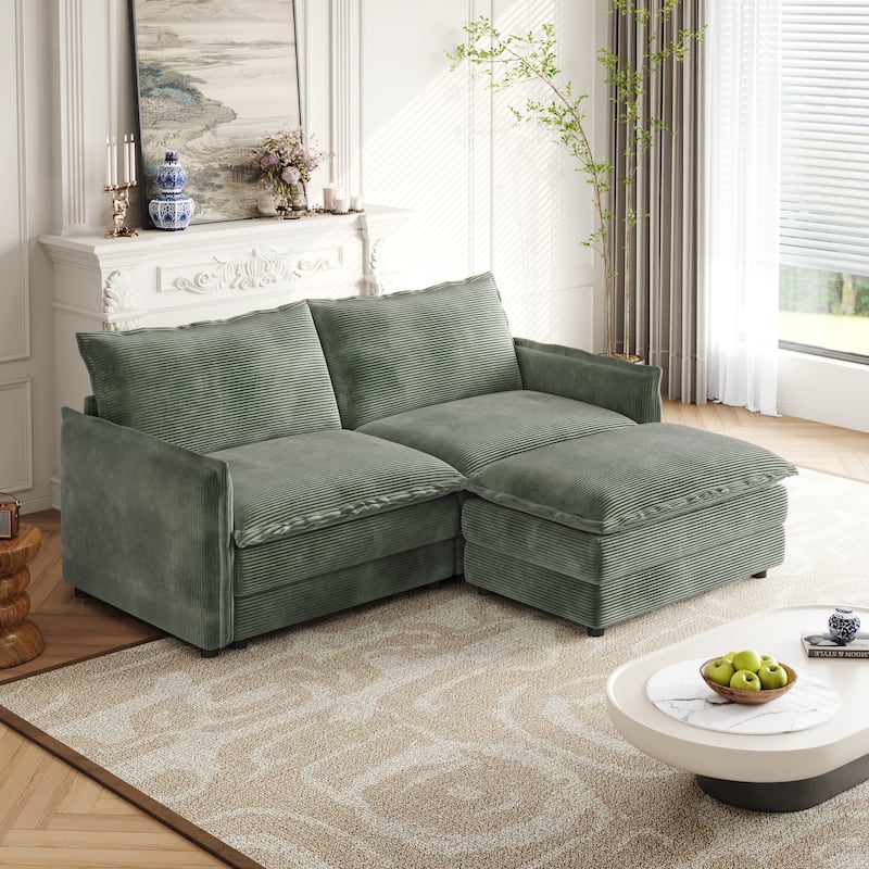 75" Corduroy Sectional Sofa with Ottoman, 2-Seater