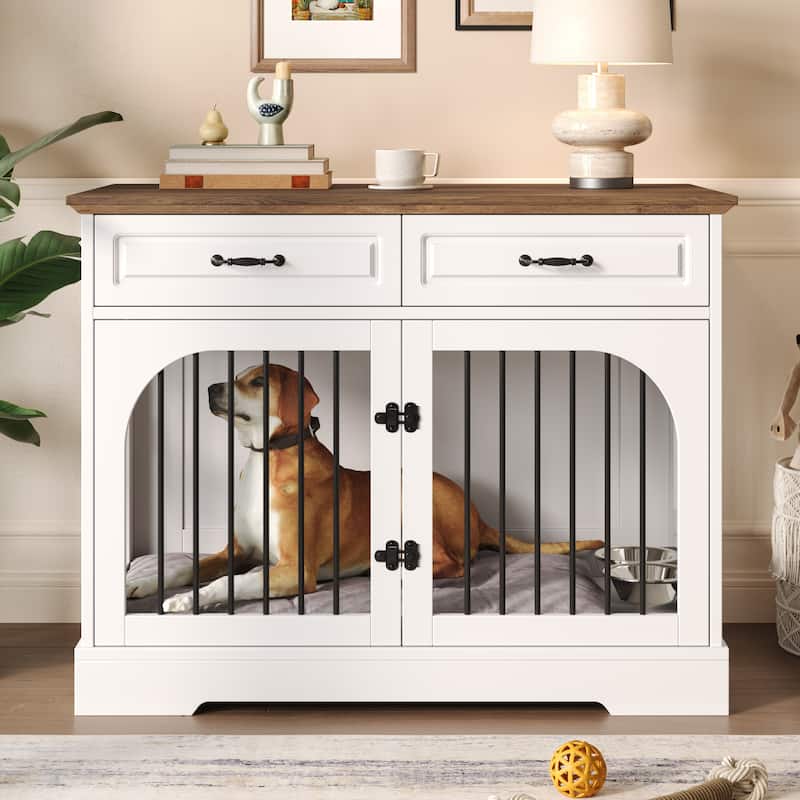 43.3" Dog Crate Furniture, Heavy Duty Indoor Dog Kennel with 2 Storage Drawers, Dog Cage with Side Doors for Medium Large Dogs - Brown,White