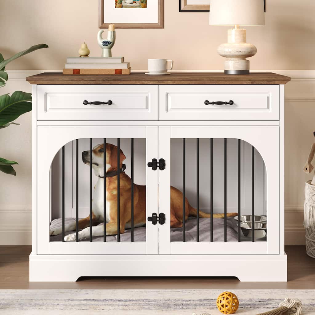 43.3" Dog Crate Furniture, Heavy Duty Indoor Dog Kennel with 2 Storage Drawers, Dog Cage with Side Doors for Medium Large Dogs