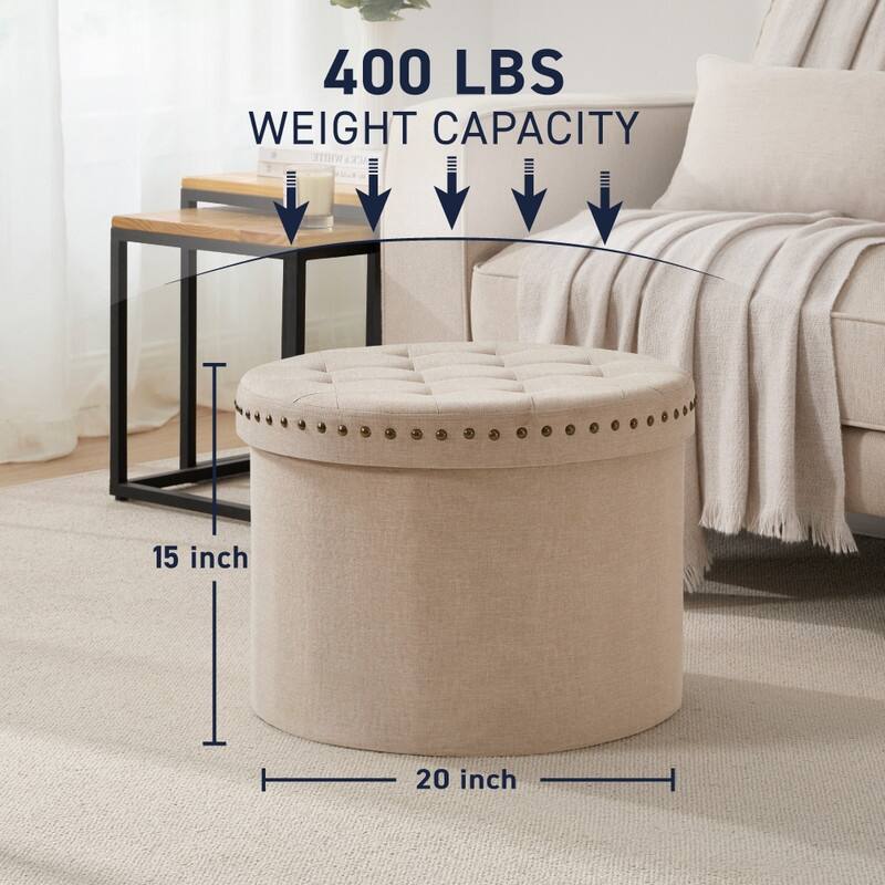 Ornavo Home Decor Large 20" Round Collapsible Storage Ottoman with Nailhead Trim for Living Room and Bedroom