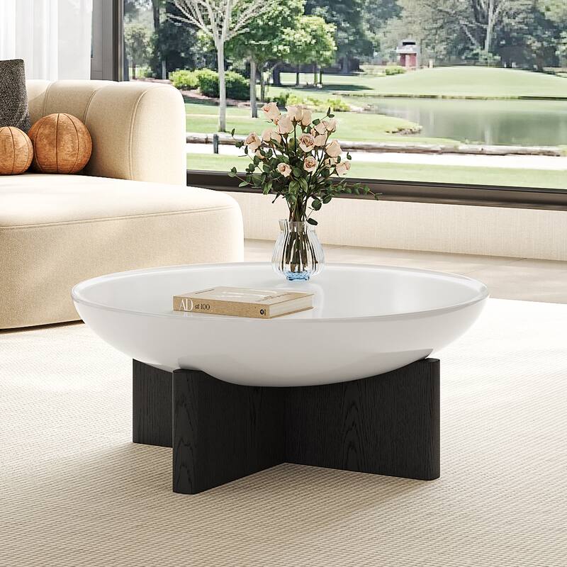 35.4" Modern Round Coffee Table - White Tabletop with Black Wood Cross Base, Sturdy Center Table for Living Room
