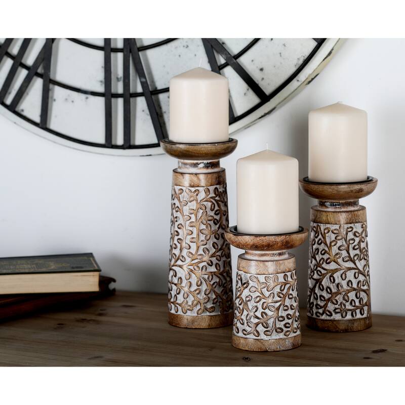 Brown Mango Wood Coastal Candle Holder (Set of 3) - Brown