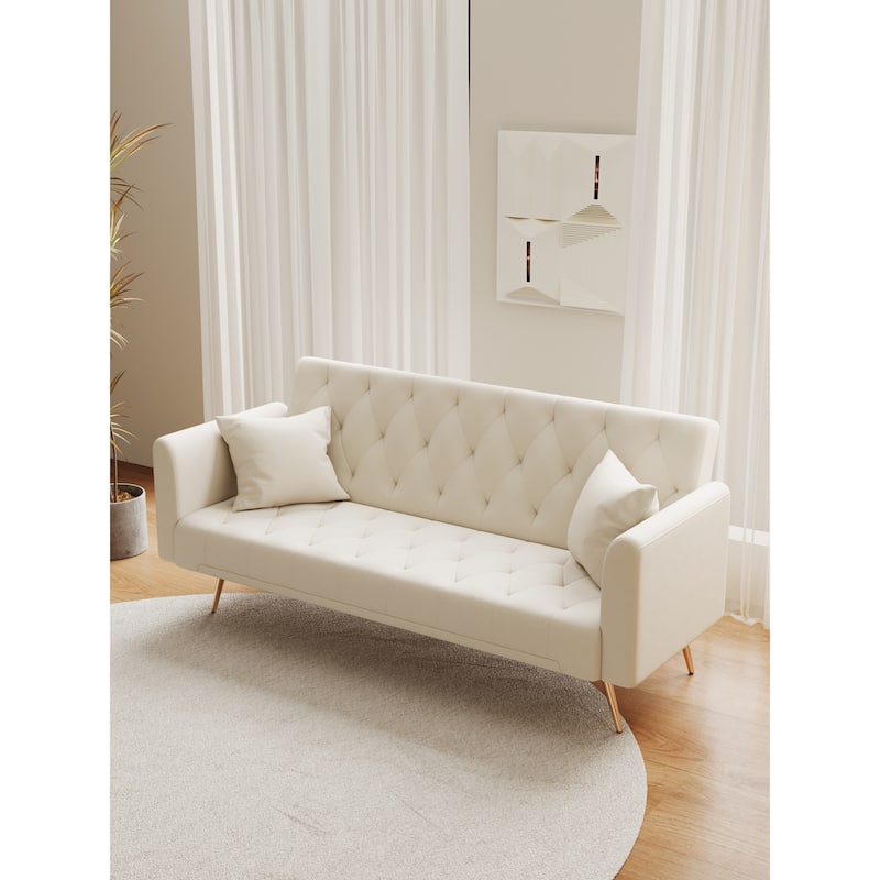 71 inch Convertible Beige Velvet Sofa Bed for Small Spaces