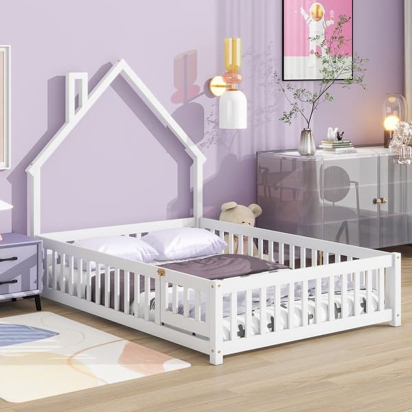 slide 2 of 111, Twin/Full Montessori Toddler Floor Bed Frame, Modern House-Shaped Bed Frame with Fence and Full-Length Guardrails for Girls Boys White - Full