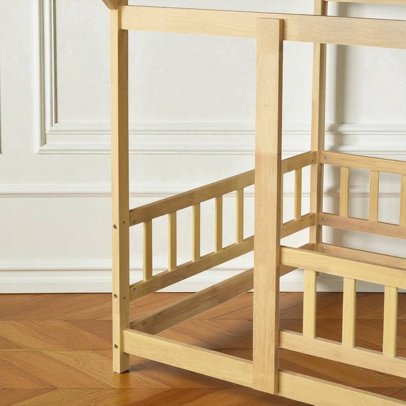 Twin Size Wooden House Floor Bed with Roof Frame and Safety Guardrails, Solid Rubber Wood Montessori Bed for Kids