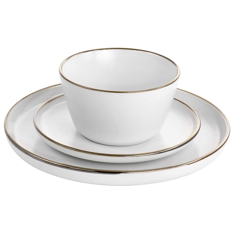 Elama Arthur 16 Piece Stoneware Dinnerware Set in Matte White with Gold Rim - 16 Piece Set