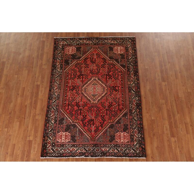 Red Qashqai Persian Vintage Area Rug Handmade Wool Carpet - 5'2"x 7'8"