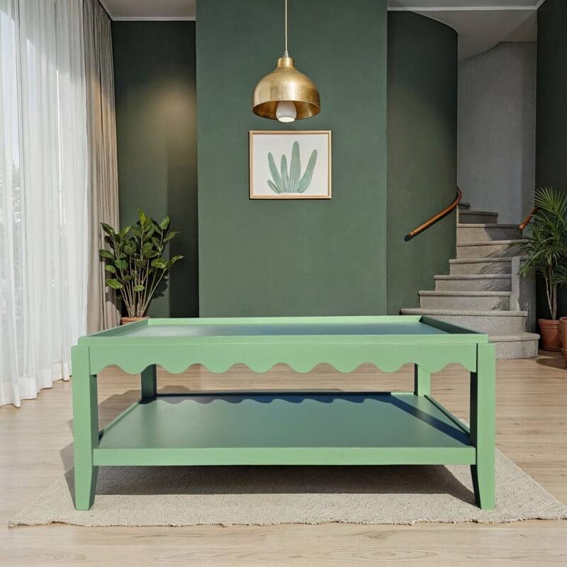 Carolina Chair & Table Scallop Coffee Table - Rectangular Mango Wood Side Table - Decorative Edge and Lower Shelf