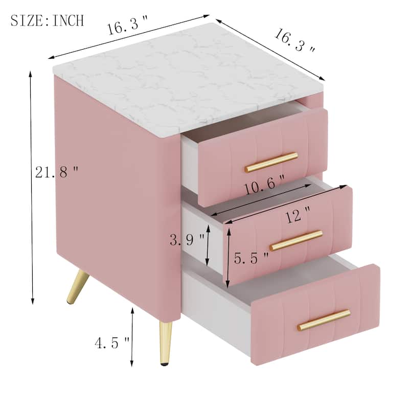 Nightstand Side Table End Table with Metal Legs, Pink Upholstered Cabinet Storage Cabinet with Drawers