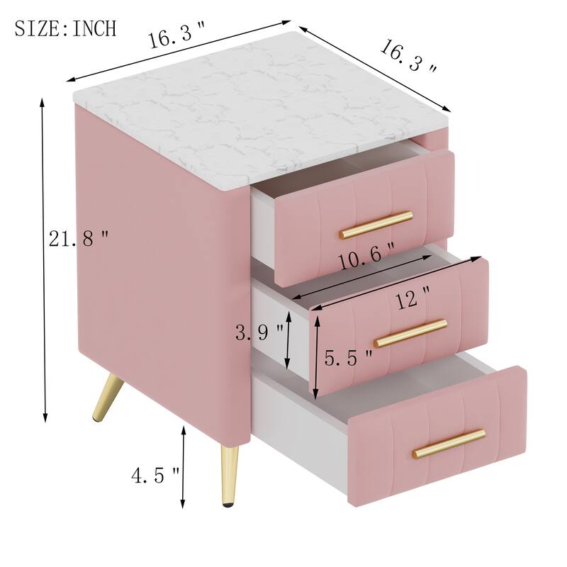 Upholstered Wooden Nightstand with 3 Drawers and Metal Legs Handles, Bedside Table with Marbling Stickers Worktop