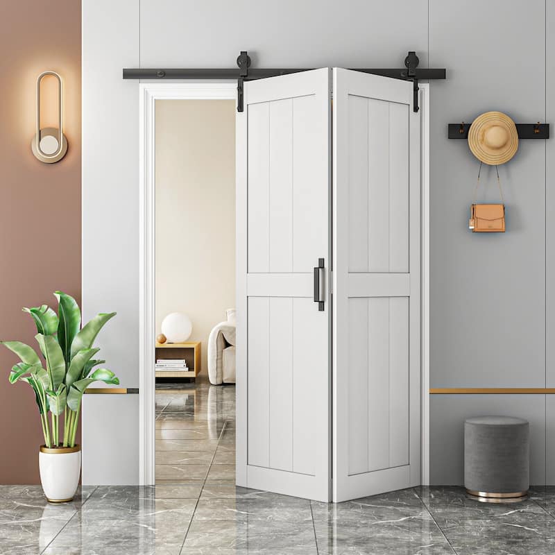 84''H Double Bifold Primed H-Frame White Sliding Barn Door Water Proof Surface With Installation Hardware Kit