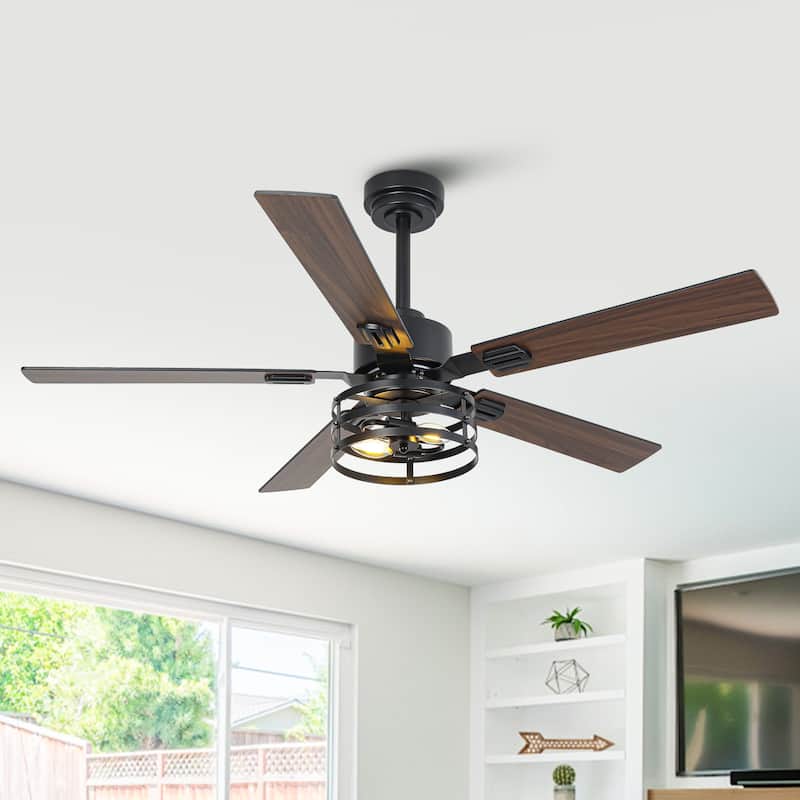 52" Industrial Reversible Wood 5-Blade Black Ceiling Fan with Light and APP Control