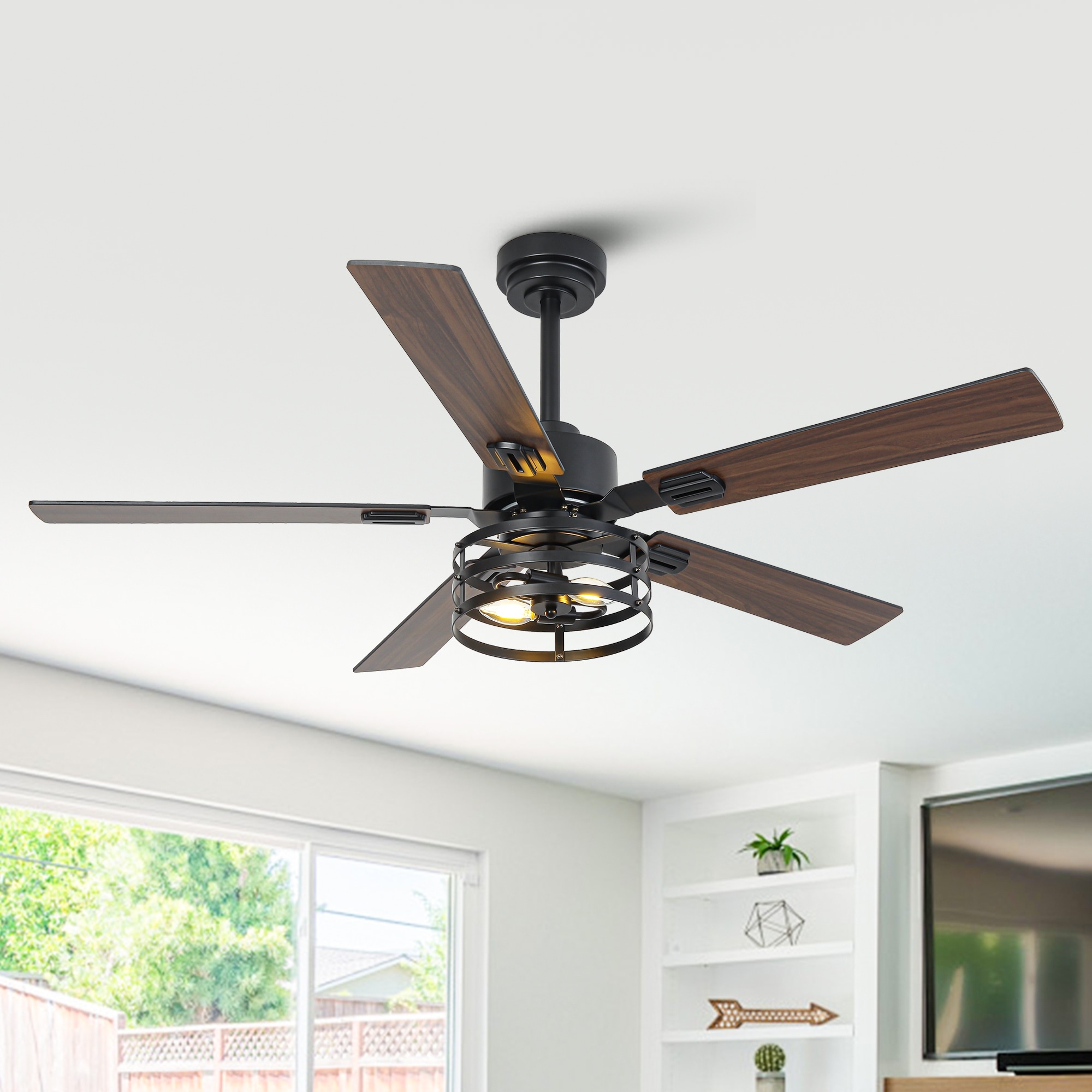 Vaczon 52" Industrial Reversible Wood 5-Blade Black Ceiling Fan with Light and APP Control