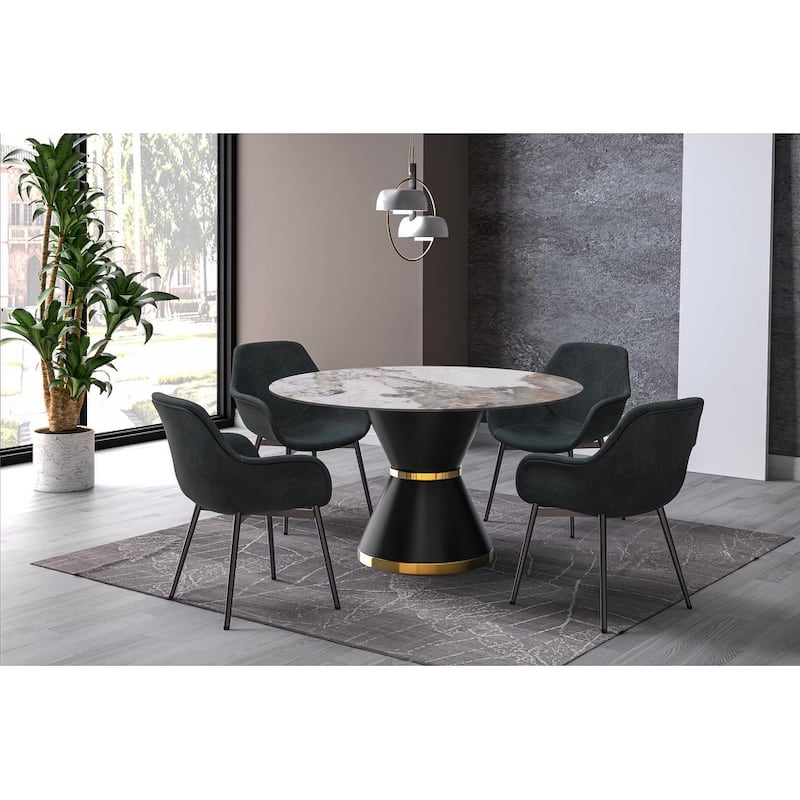 Qorvus Round Glass or Sintered Stone Tabletop Dining Table with Black and Gold Pedestal Base for Kitchens or Dining Rooms